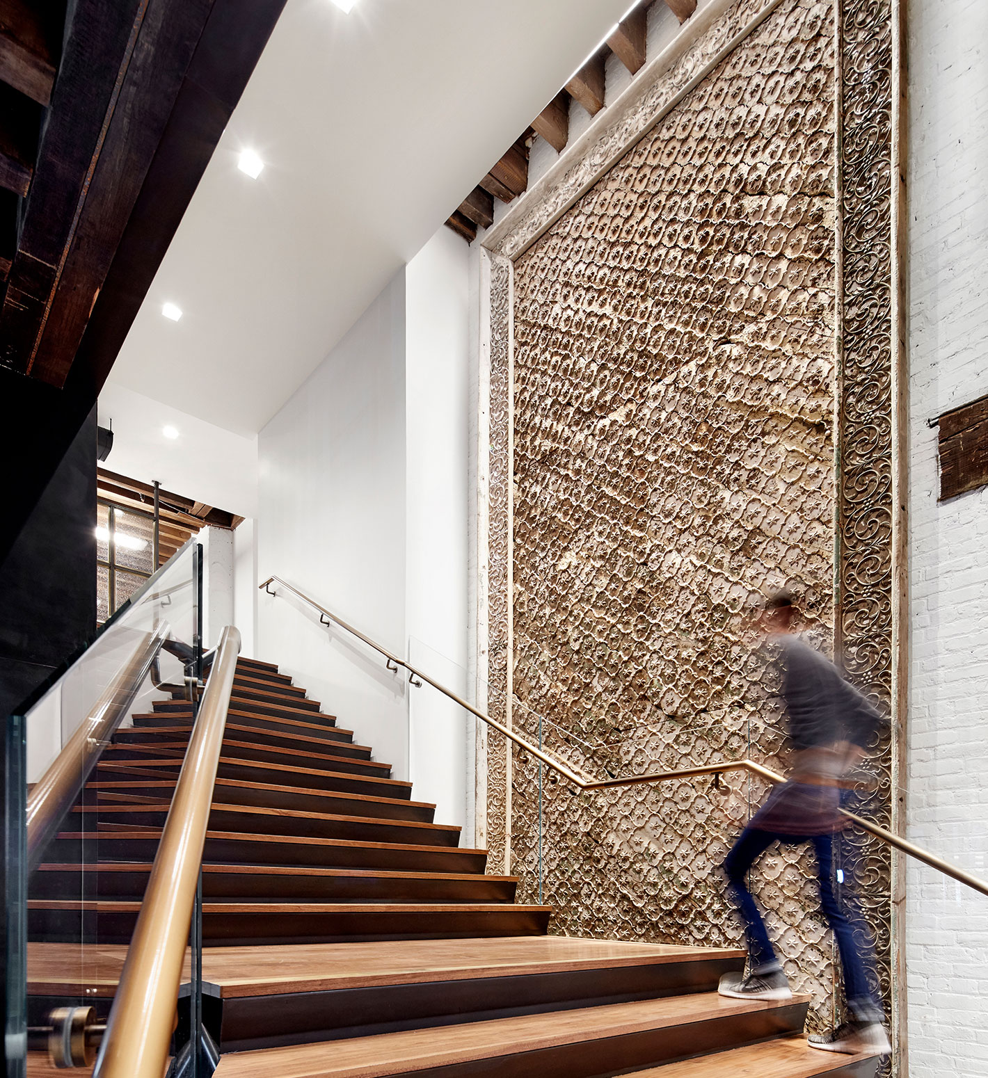 The grand central staircase at West Elm's Headquarters in DUMBO Brooklyn.