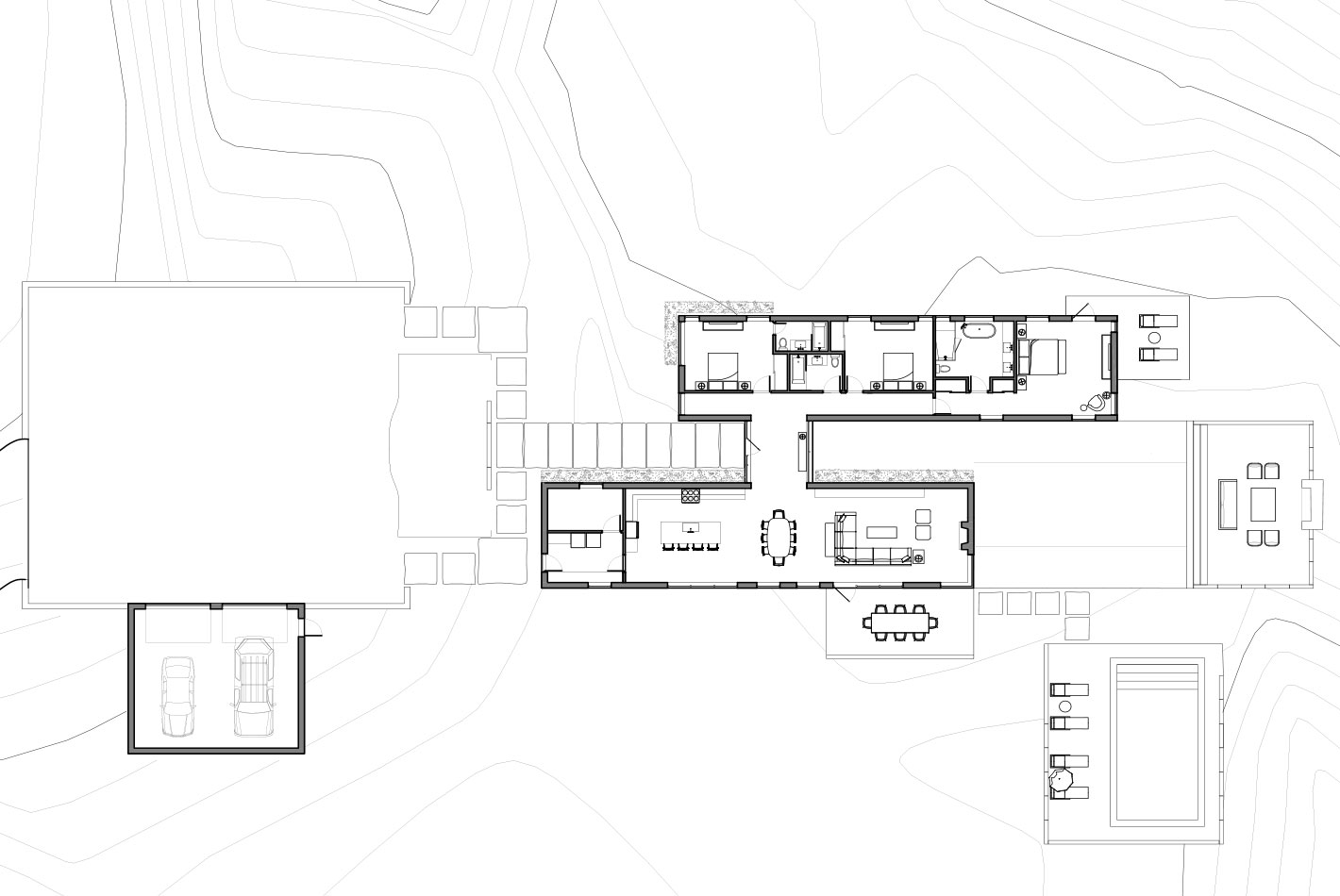 Architectural plan of a Dutch Modern house designed by VMAD, with the surrounding wetlands.