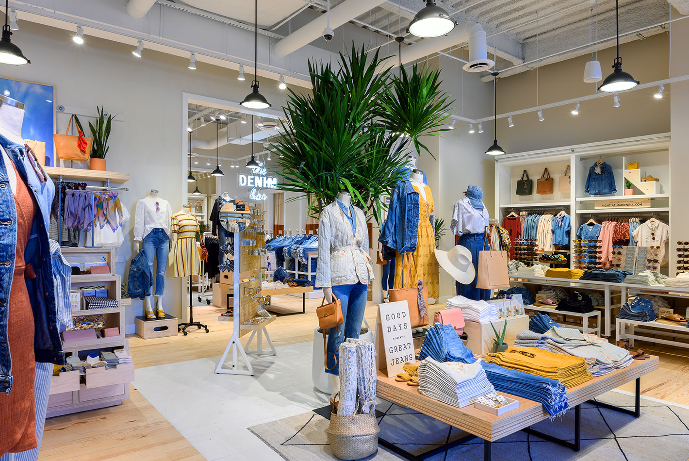 The women's department at Madewell features a collection of indigo-hued clothing and accessories